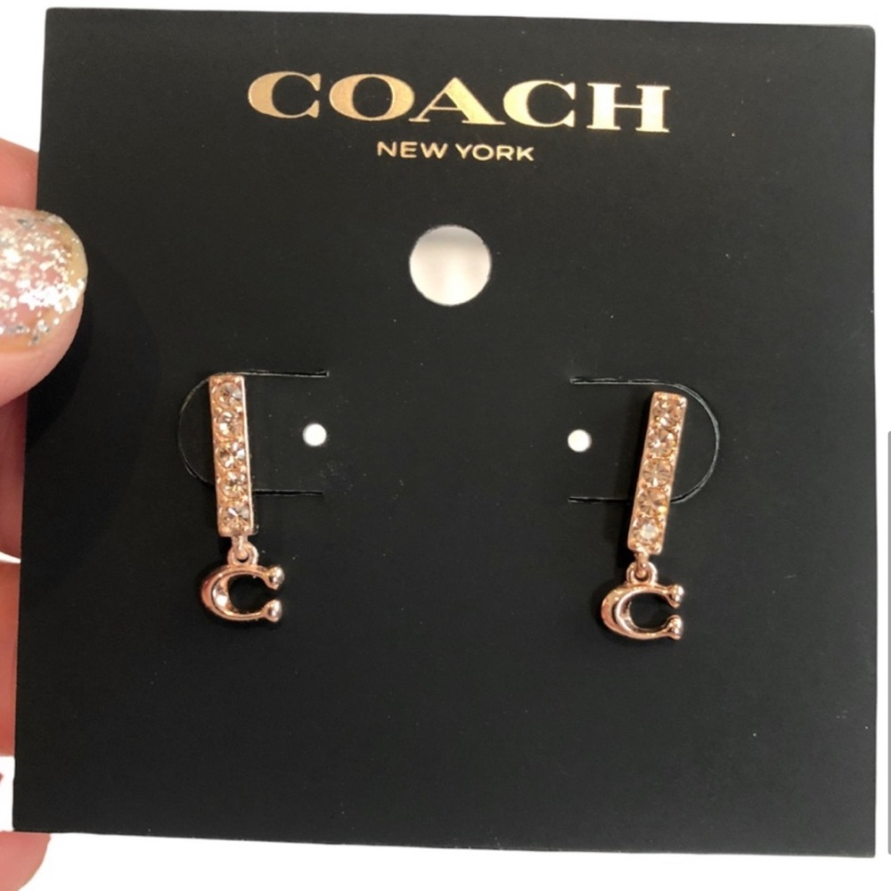 COACH Signature Rose Gold Pave Bar Stud Earrings NWT - Picture 3 of 7